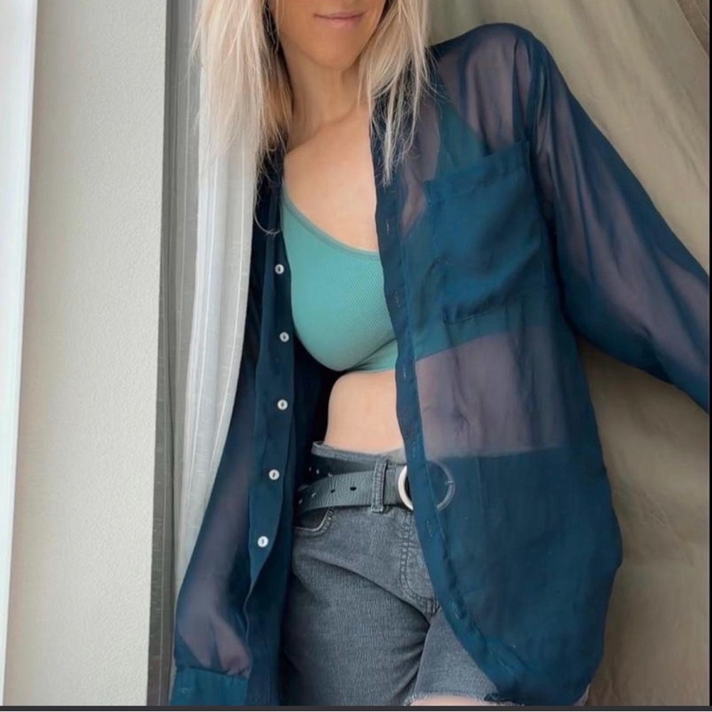 American apparel Sheer Navy Button-Up Shirt - Lightweight Women's Top